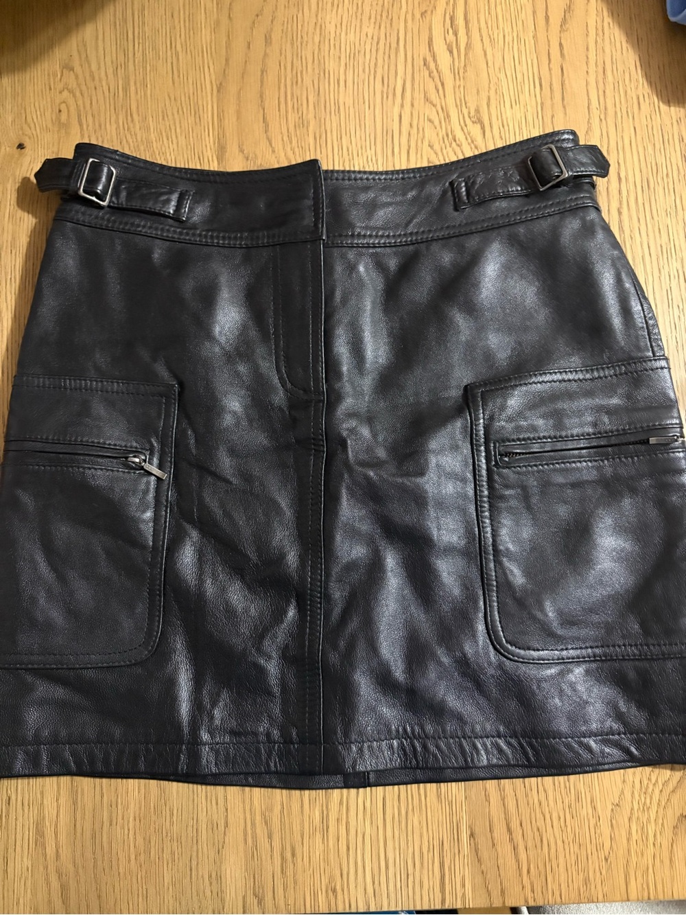 INC International Concepts Black Leather Mini Skirt with Buckle Waist